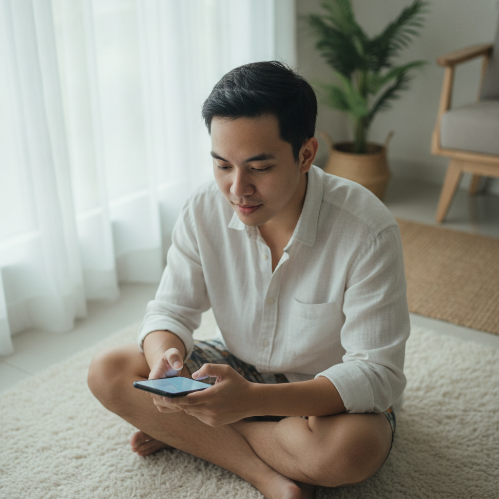 Filipino person learning to use online casino on smartphone at home